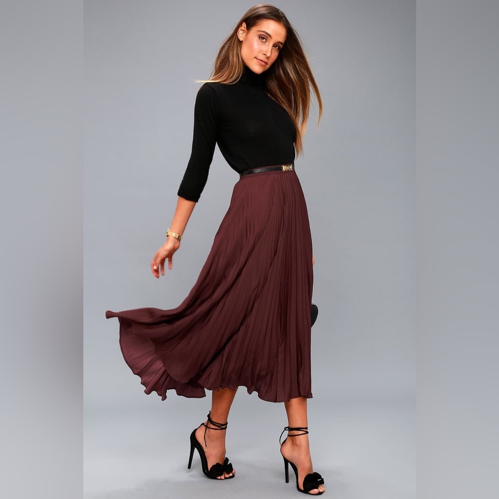 Bordeaux Plum Purple Pleated Midi Skirt